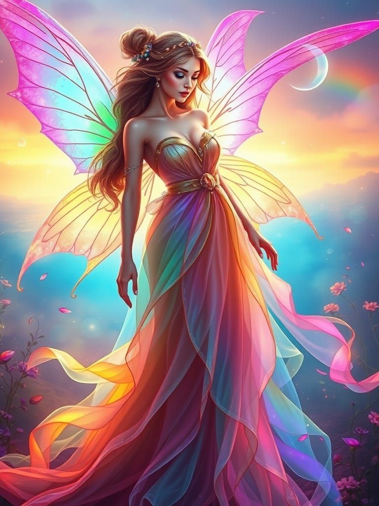 Enchanted Fairy in Iridescent Gown with Rainbow Wings
