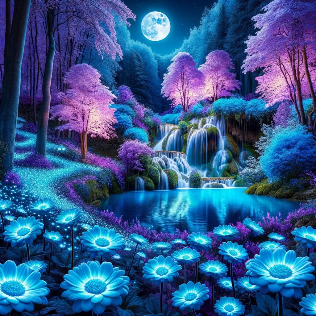 Enchanted Forest with Blue Daisies and Purple Trees