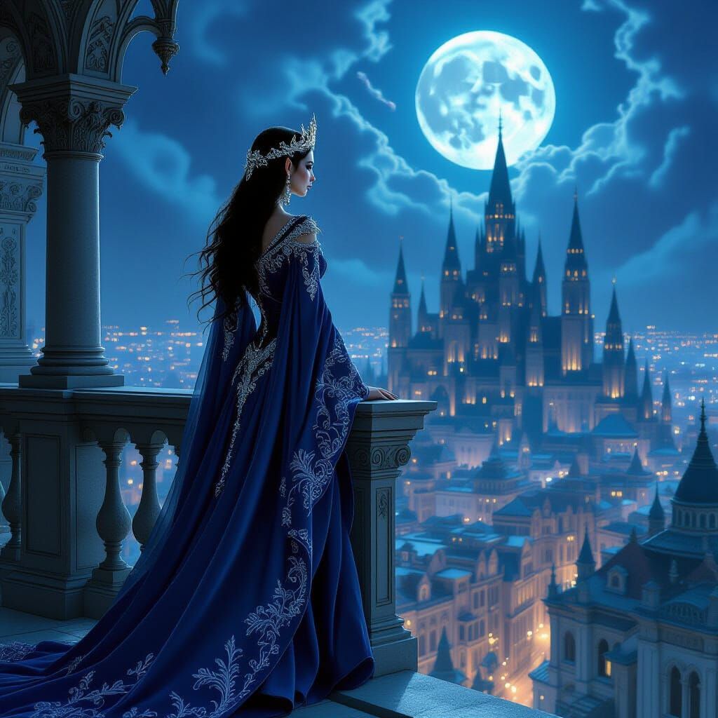 Elven Queen on Balcony Overlooking Moonlit City