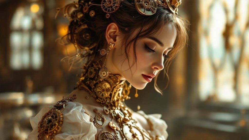 Steampunk Woman in Intricate Mechanical Dress
