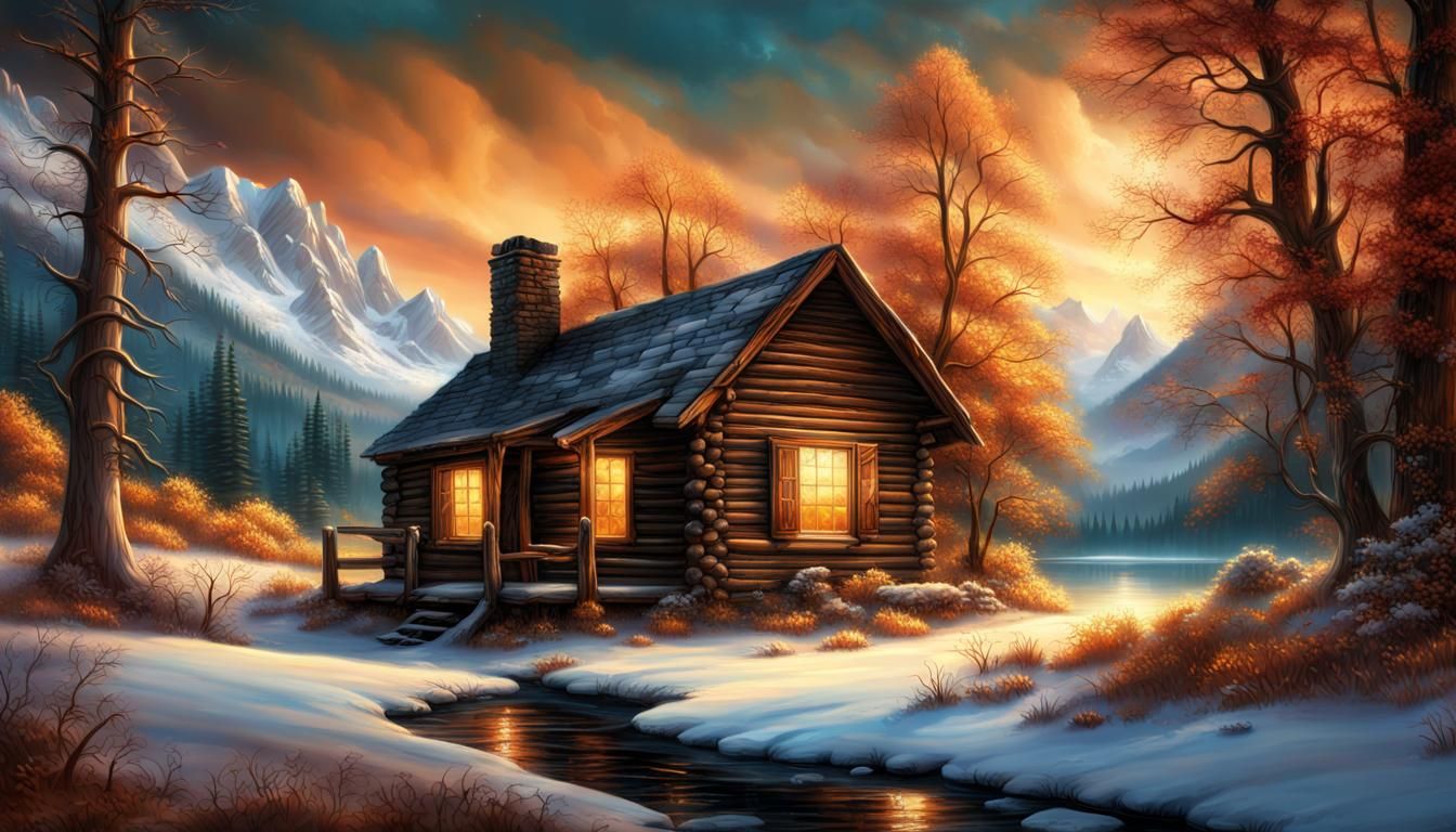 Winter Cabin Scene with Grizzly Bear, Terry Redlin Style