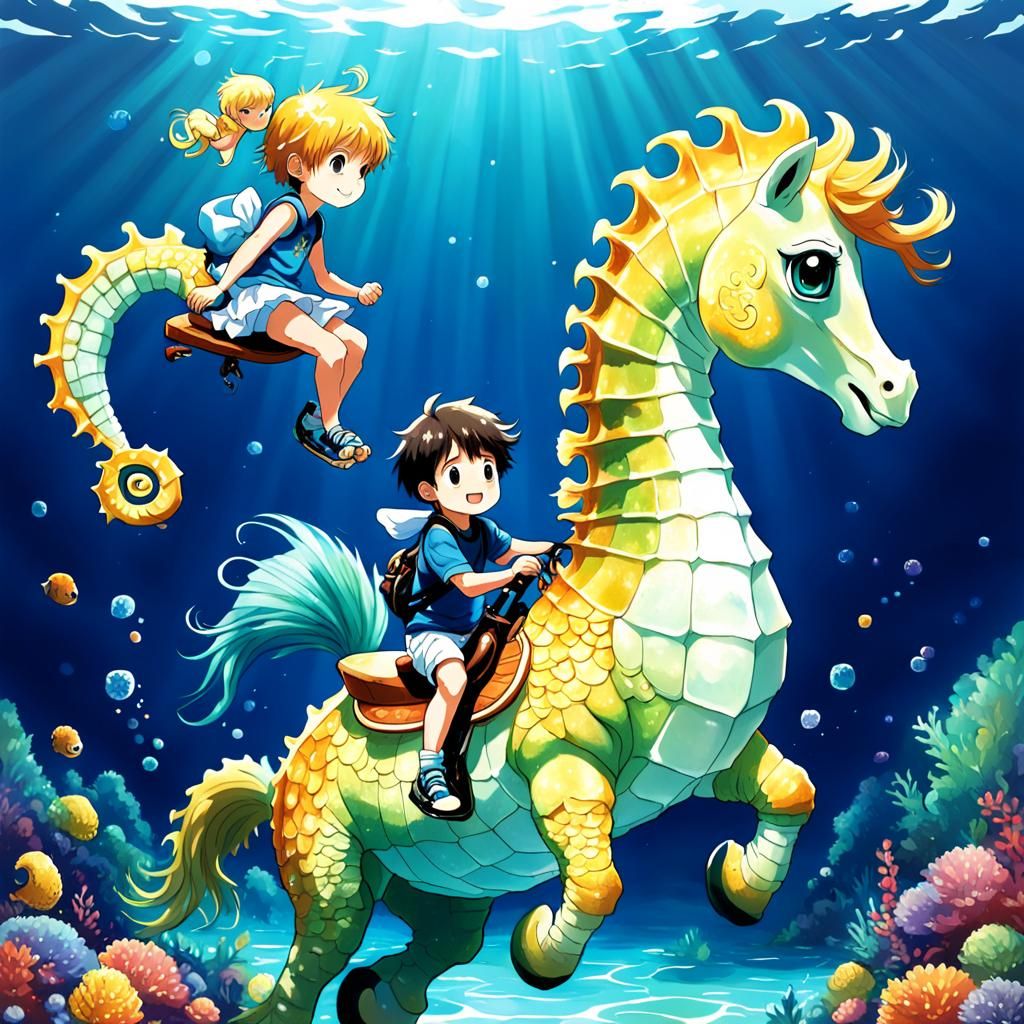 Anime Style: Child Riding a Seahorse