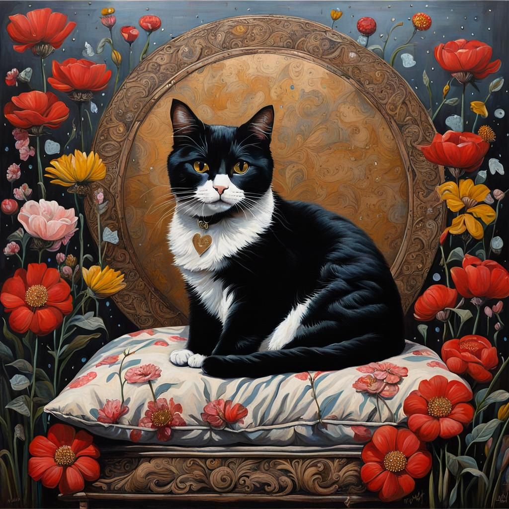 Cat Surrounded by Flowers in Contemporary Realist Style
