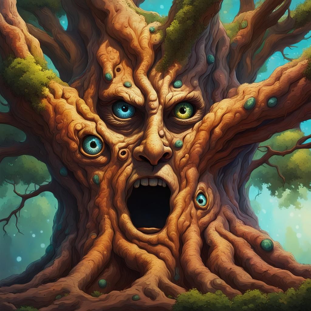 Hyperrealistic Tree with Eyes in Splash Art Style