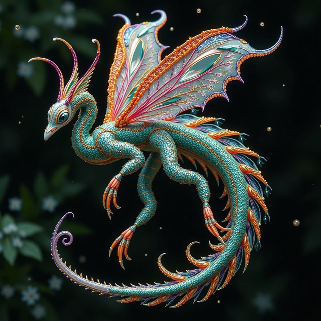 Beaded Heron-Dragon Hybrid with Elegant Fins
