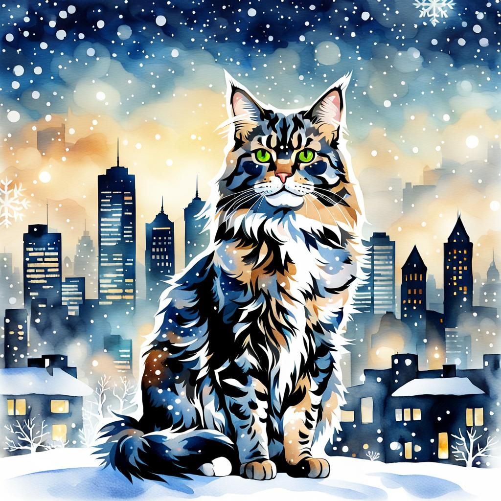 Maine Coon Cat Bandit in Watercolor Cityscape