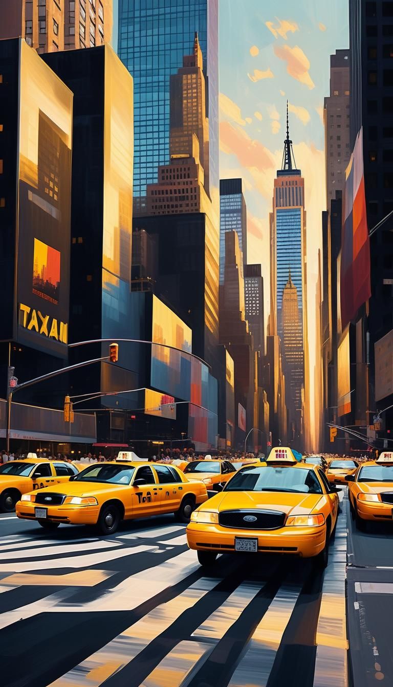 New York Cityscape with Yellow Taxis in Impressionist Style
