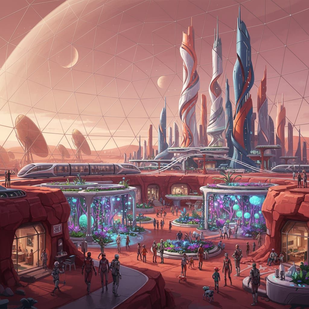 Bustling Martian Colony Under Protective Dome