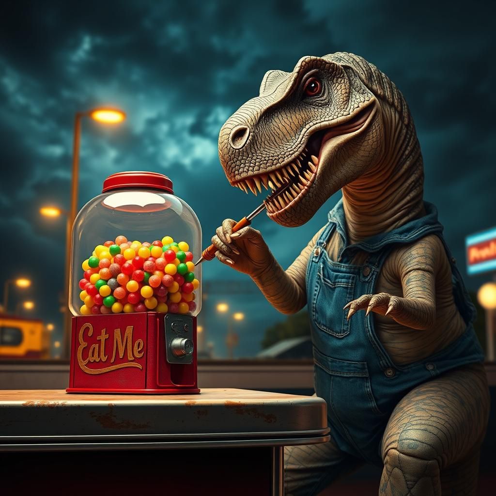 T-Rex Opens Gumball Machine in Diner