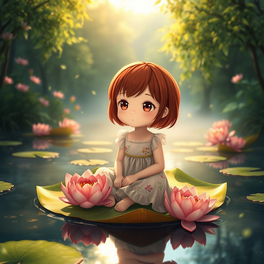 Girl on Lily Pad in Ghibli Anime Style