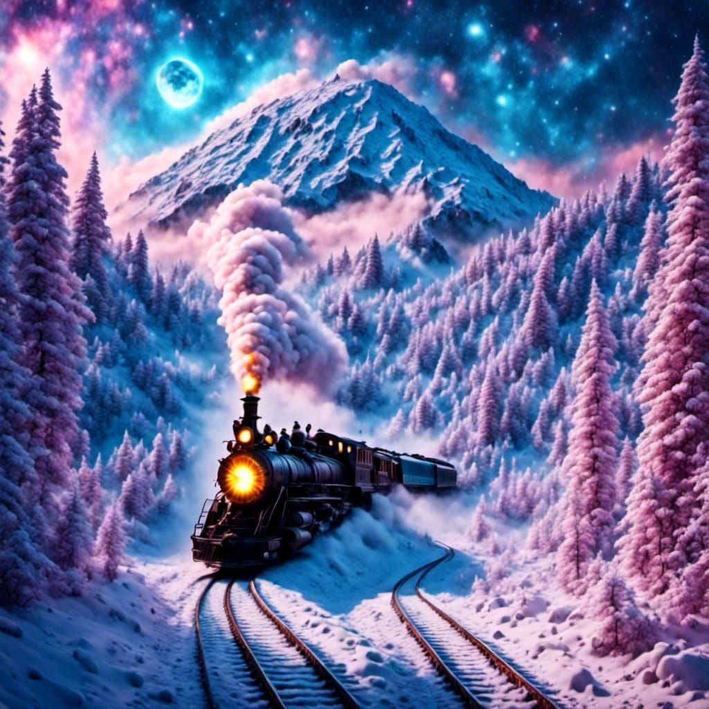 Snowy Train Under a Sparkling Night Sky