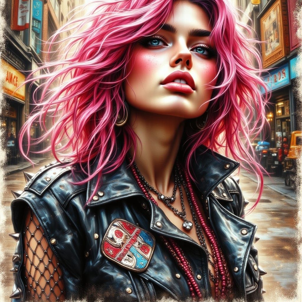 Rebellious Punk Rock Woman in Vibrant Pink Hair