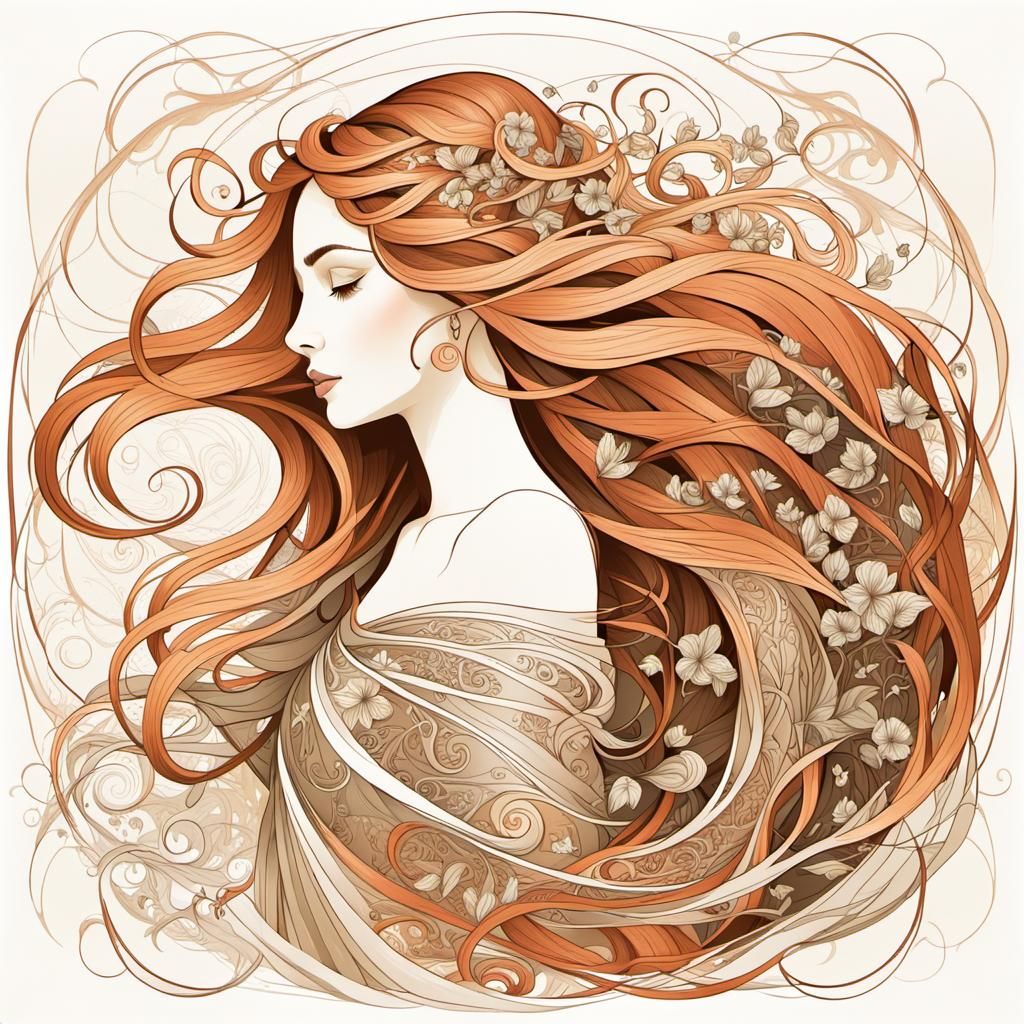 Stunning Woman in Alphonse Mucha Inspired Art Nouveau Style