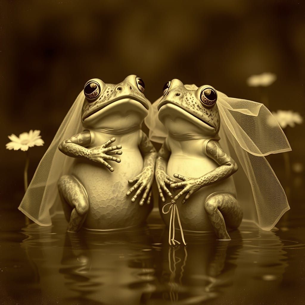 Vintage Frogs Tie the Knot in Sepia Tones