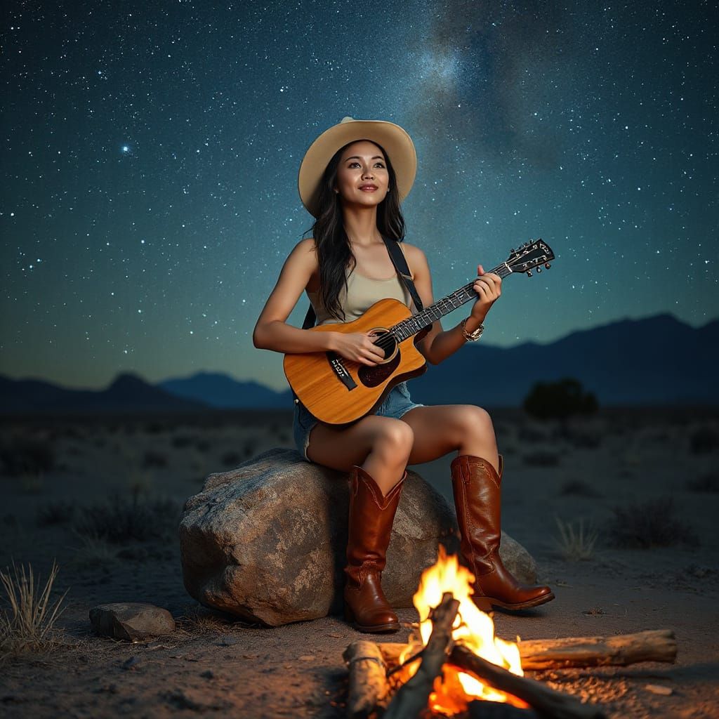 Thai Woman Serenades Desert Under Starry Sky