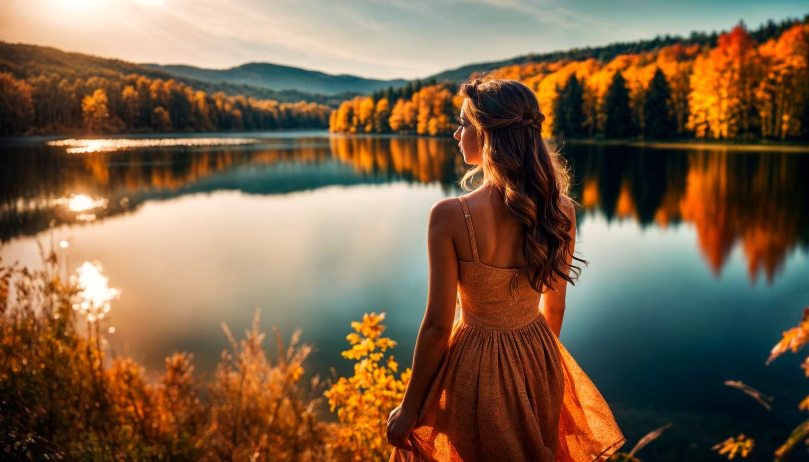 Teenage Girl at Lake in Autumn, Photorealistic Oil Painting