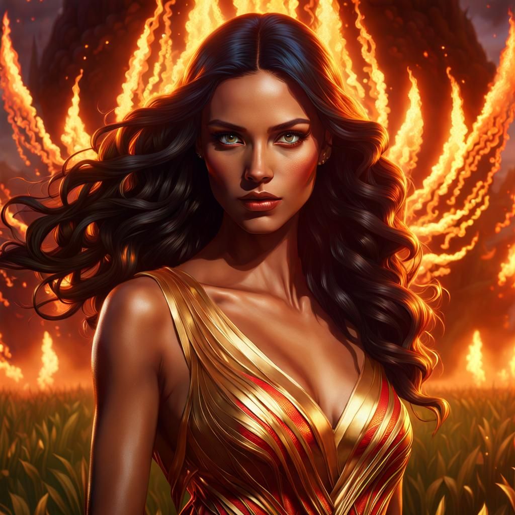 Flame-Dressed Woman Walks on Lawn in Detailed Digital Painti...