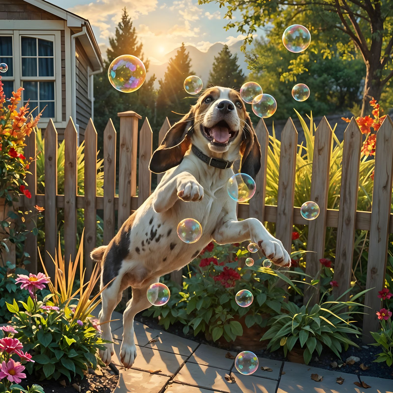 Happy Basset Hound Chasing Bubbles at Sunset