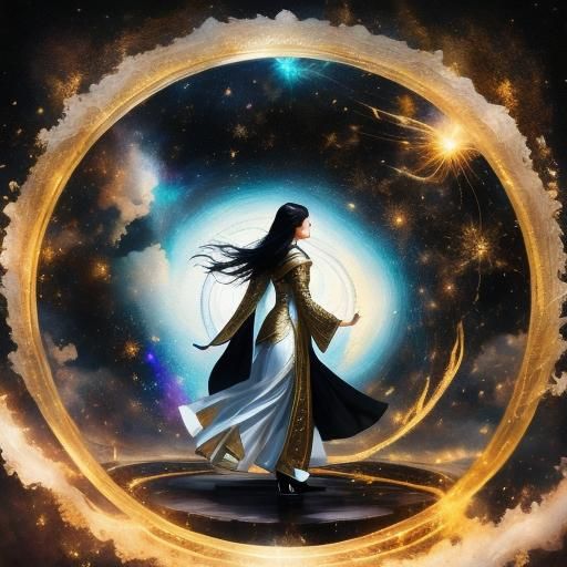 Ethereal Beauty Walks Through Celestial Portal in Shimmering...