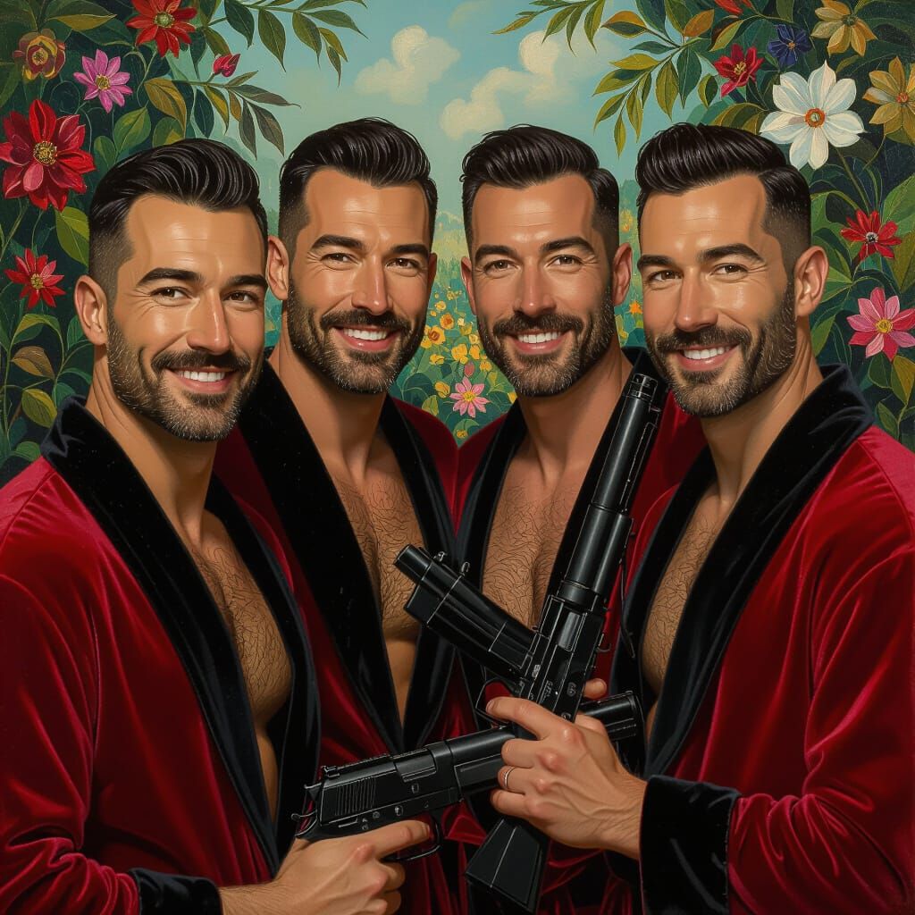 Joyful Men in Velvet Robes with Machine Guns