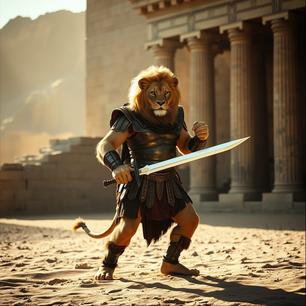 Lion Warrior in Roman Armor in Ancient Temple