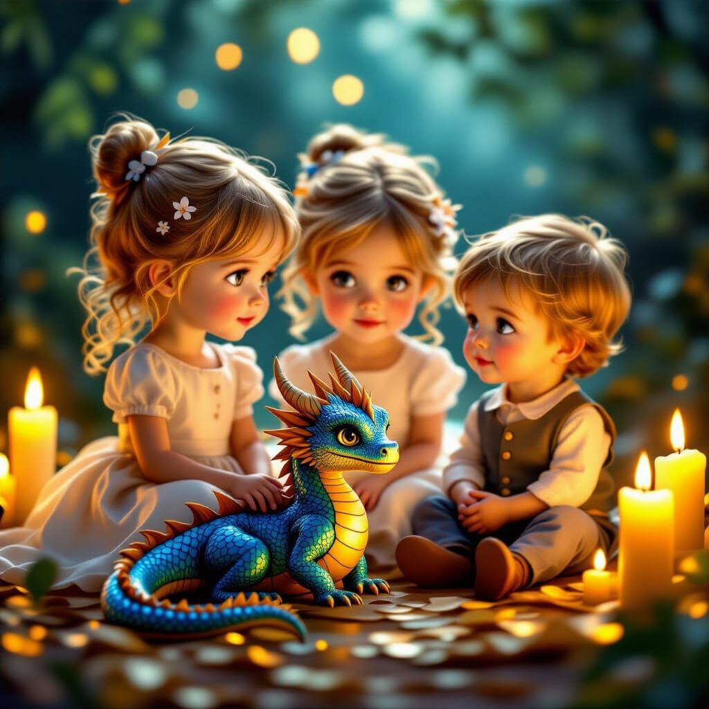 Children With Dragon in Golden Light
