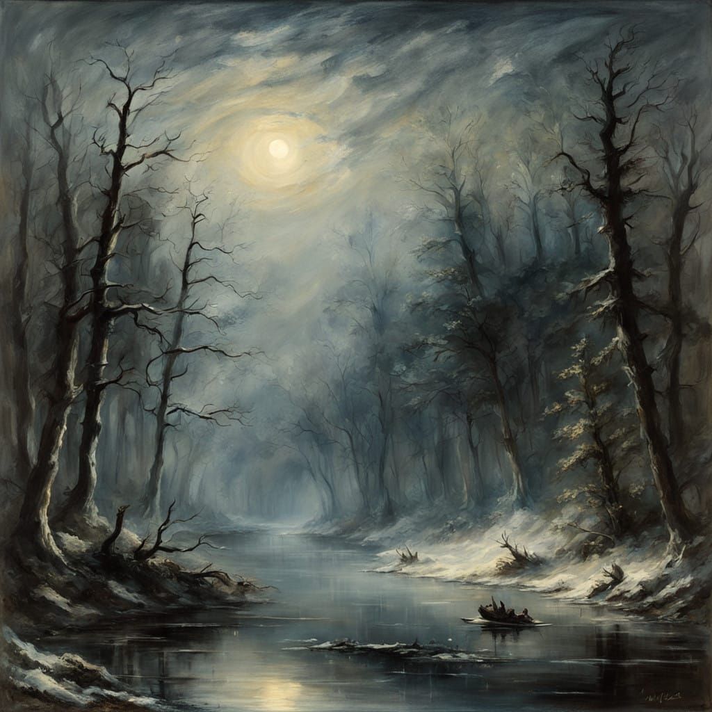 haunting nocturne of a misty forest lit by a pale moon