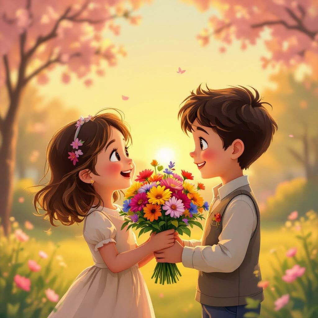 Joyful Couple Receives Flowers at Sunset in Storybook Style