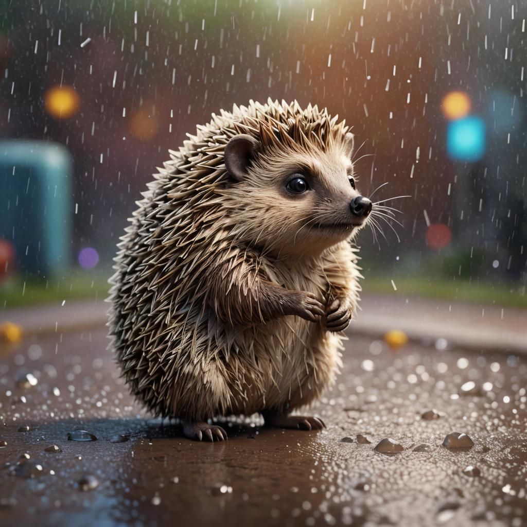 Pixar-Style Hedgehog in Rain: 3D Digital Art