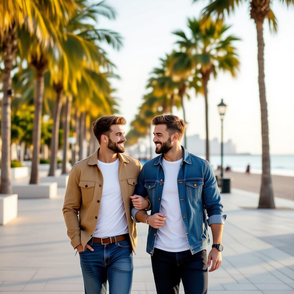 Man and Dog Enjoy Sunny Beach Boardwalk