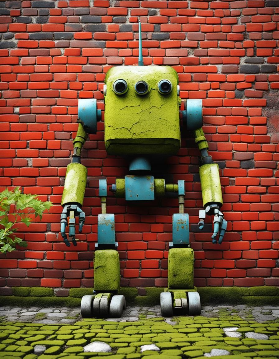 Retro Robot Leaning on Brick Wall, Hyperrealistic Style