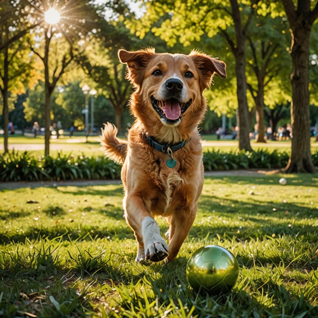Happy Dog Playing Ball in Golden Light