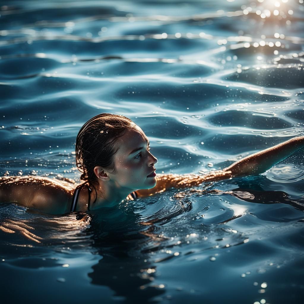 Hyperrealistic Girl Swimming in Pool with Ocean View