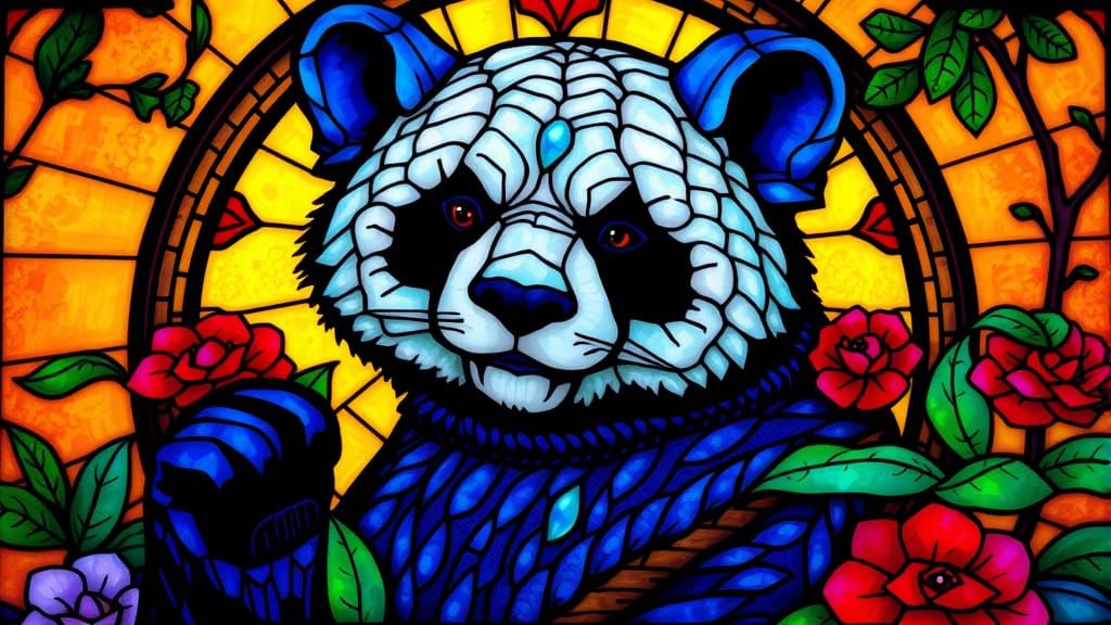 Stained Glass Panda Window in Magic Realist Style