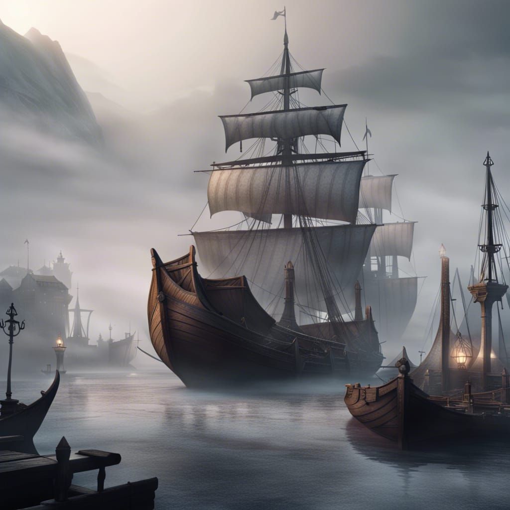 Viking Port Town in White Fog