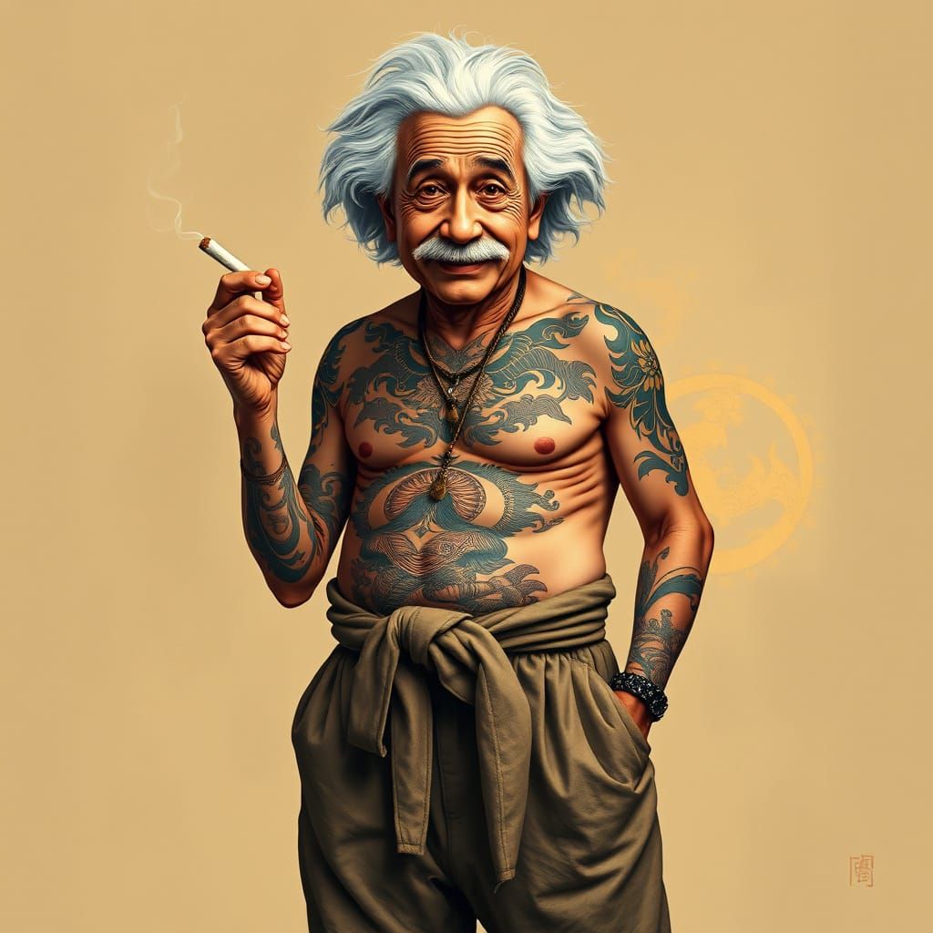 Tattooed Genius Smokes Cigarette in Bohemian Style
