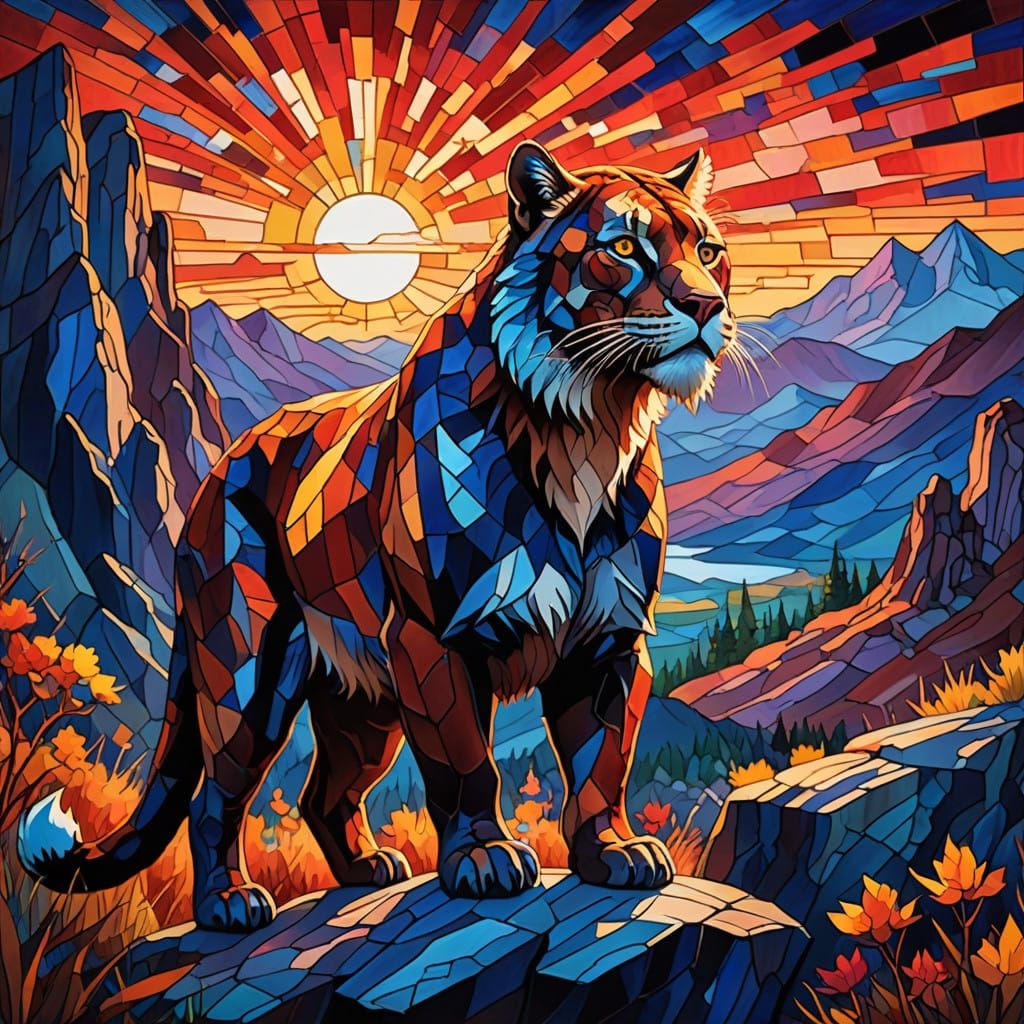 Surreal Stained Glass Fauvism Saber-Toothed Cat in Powerful ...
