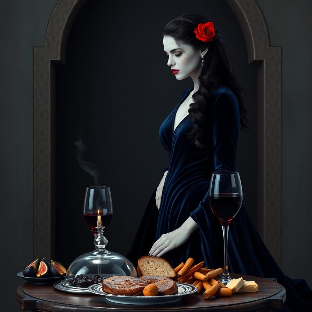Elegant Vampire Sorceress at Dinner, Dark Fantasy Art