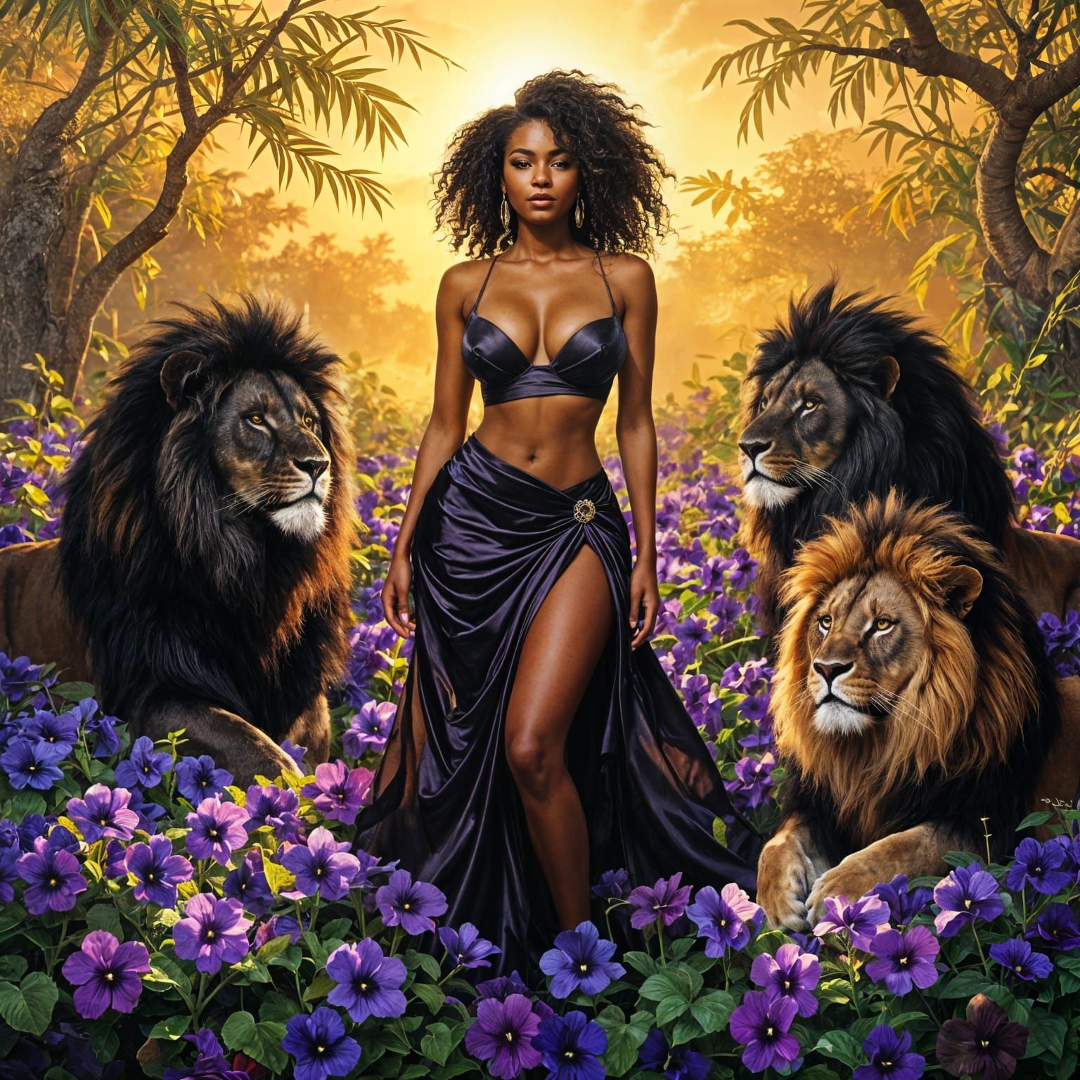 African Woman and Lions in Violet Field