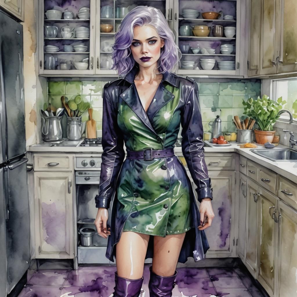 Beautiful Woman with Purple Lips in Watercolor Fantasy