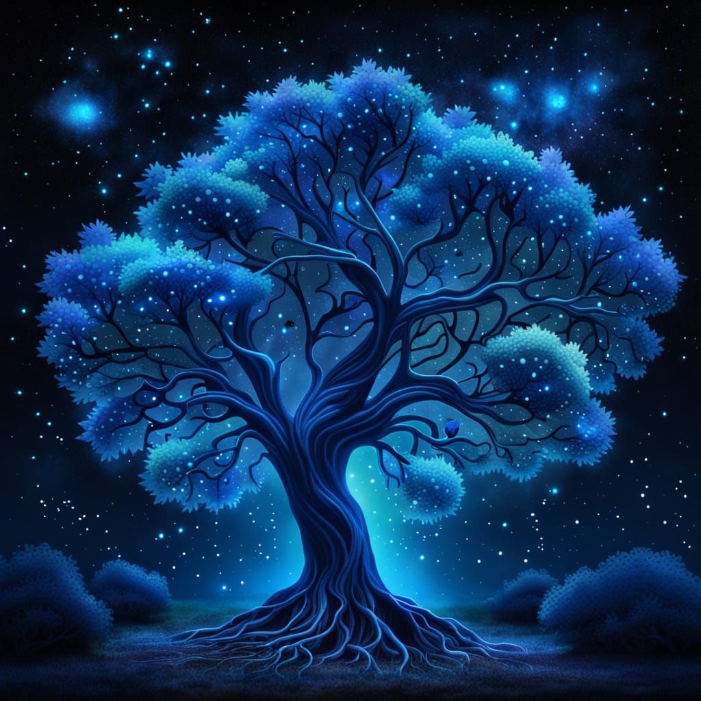 Luminescent Blue Tree Under a Starry Sky