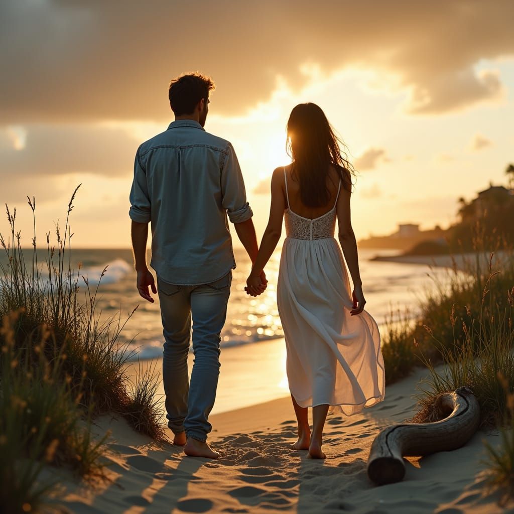 Romantic Beach Walk at Dusk in Hyperrealistic Style