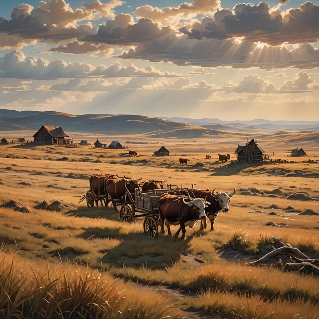 Oxen Cart Trekking Across Prairie in Golden Sunlight