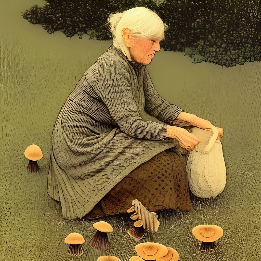 Old Lady Picking Mushrooms: Pencil Illustration