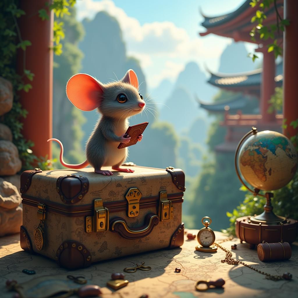 Mouse Adventurer in Dreamlike Landscape as Matte Painting