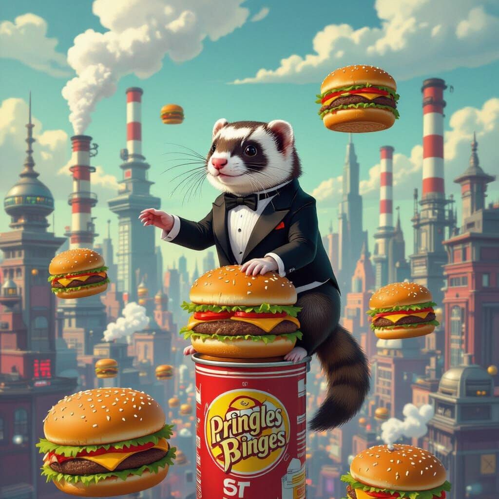 Ferret in Tuxedo in Surreal Cyberpunk Ghibli City