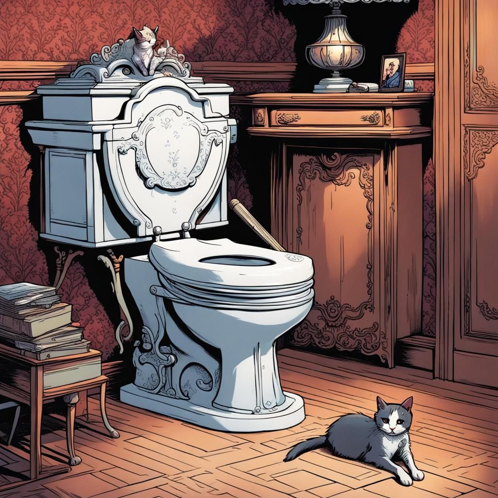 Baroque Cat Toilet with Mozart, Comic Book Art