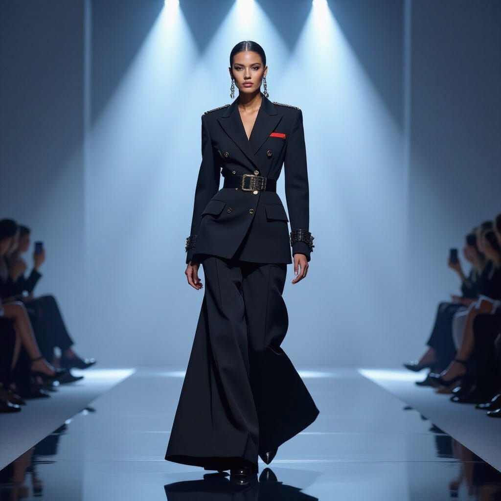 Avant-Garde Model on Runway in Military-Inspired Fashion