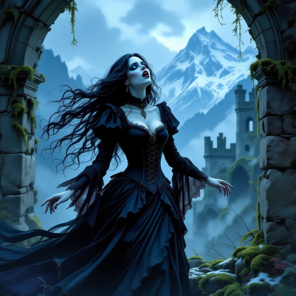 Gothic Banshee in Castle Ruins, a Dark Fantasy Scene