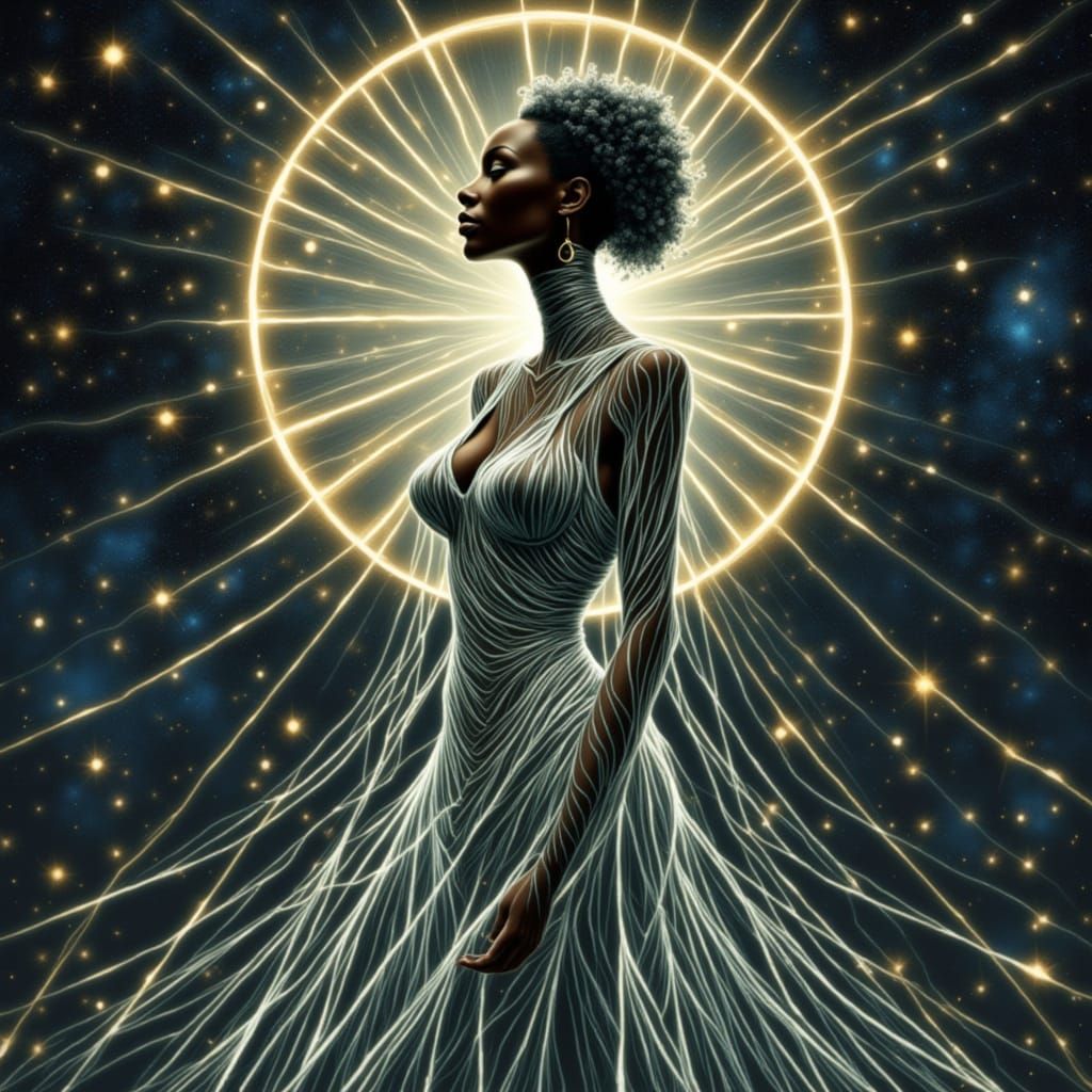 Cosmic Being Embodies Balance in Starlight Gown